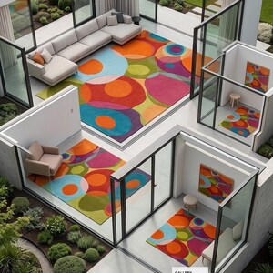 Colorful rug shown in different room layouts demonstrating scale and placement.