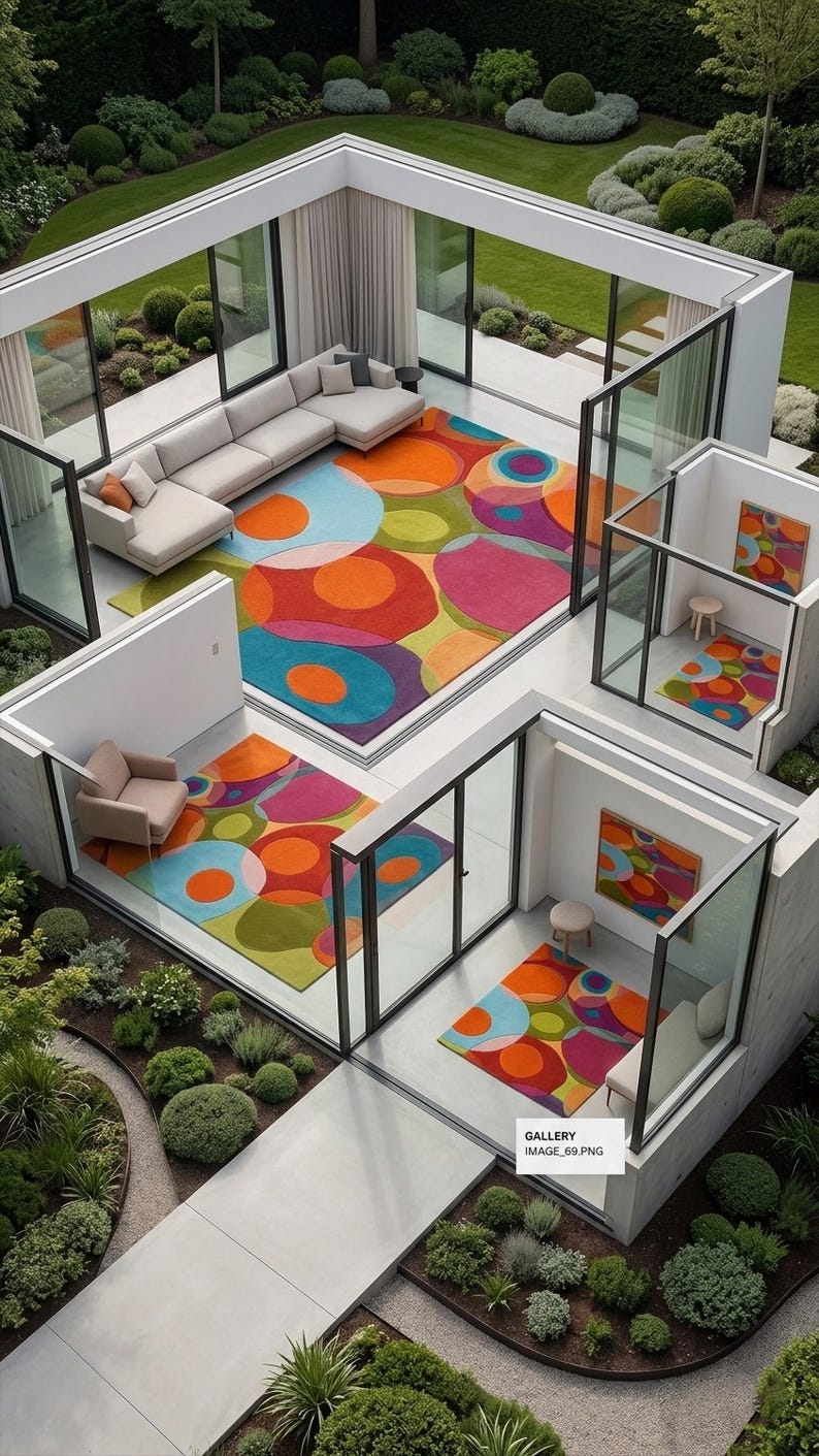 Colorful rug shown in different room layouts demonstrating scale and placement.