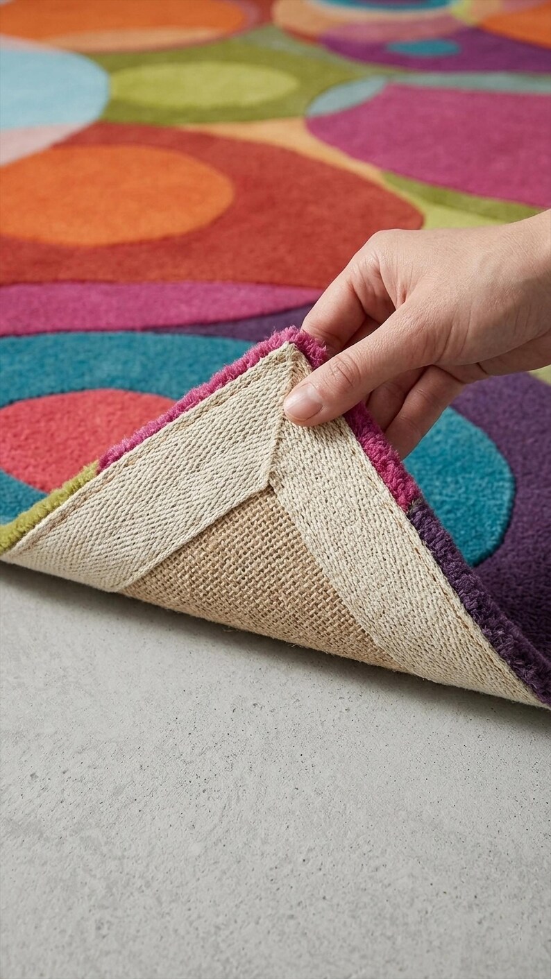 Folded corner showing thick plush pile, backing, and rug flexibility.