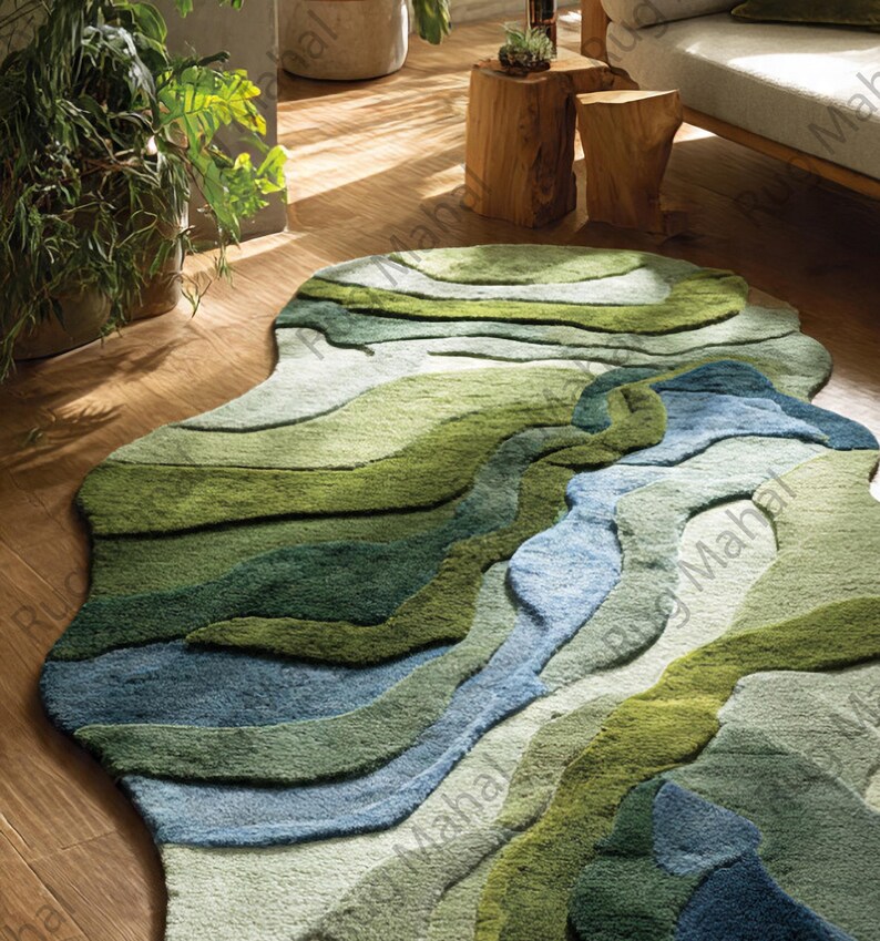River Terrain Rug – Irregular Shape Wool Rug, 3D Carved Modern Rug, Nature Inspired Luxury Area Rug