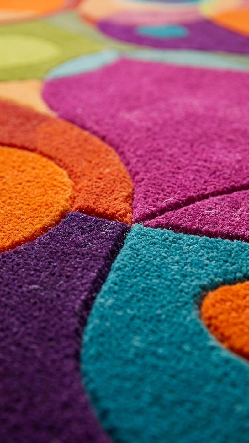 Close-up of rug surface showing layered shapes and carved texture details.
