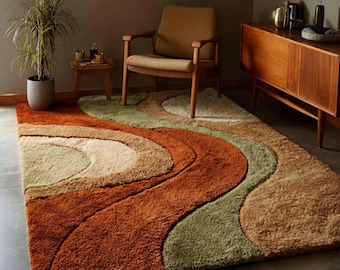 Mid Century Modern Area Rug, Retro Wavy Abstract Rug, Earth Tone Hand Tufted Wool Rug, 70s Boho Living Room Carpet, Organic Shape Rug