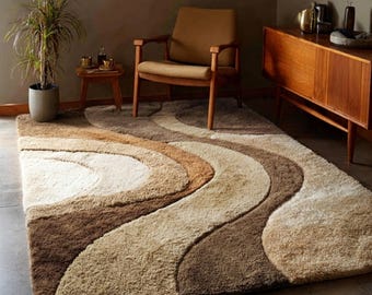 3D Sculptural Tufted Rug - Abstract Wavy Brown Beige Carpet - Mid Century Modern Large Area Rug for Living Room