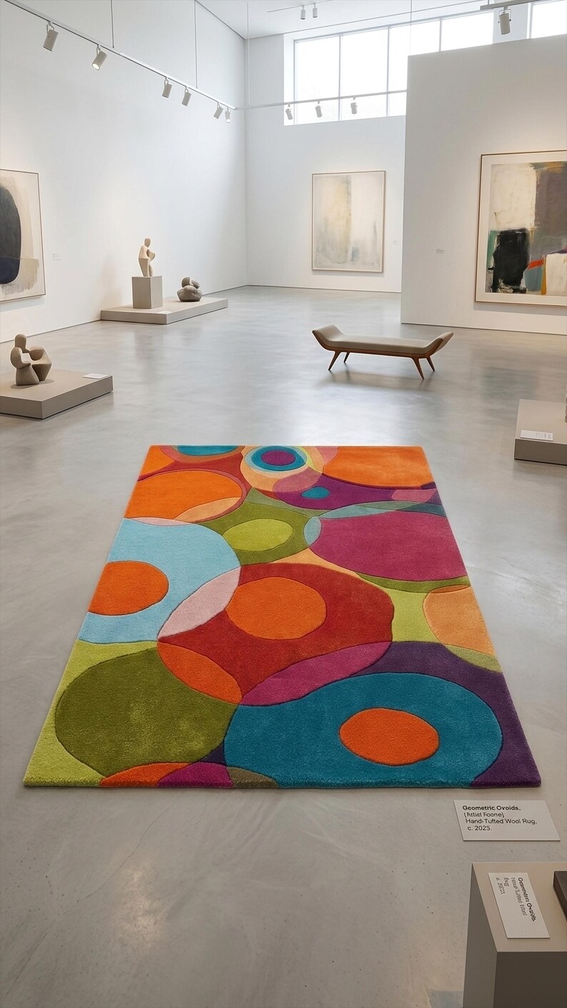 Abstract colorful rug displayed like a modern art piece on a gallery-style floor.