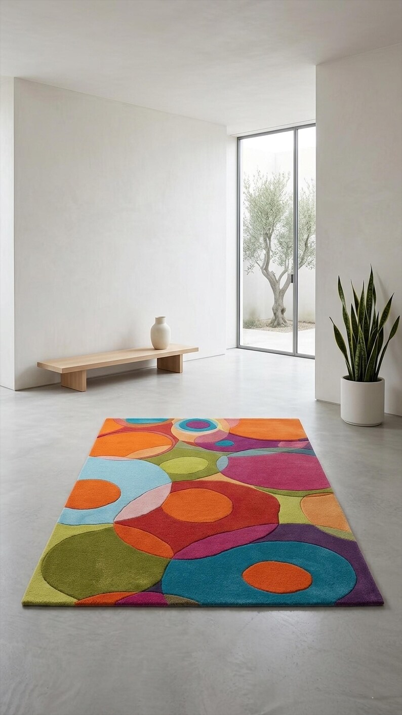 Minimal space featuring vibrant abstract rug as a bold statement piece.