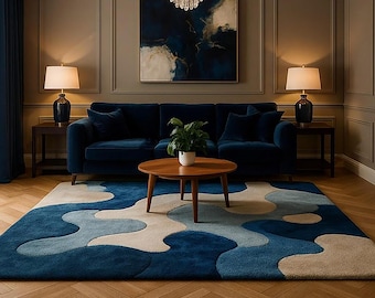 Alfombra abstracta de lana azul - 100 % lana neozelandesa - Alfombra moderna tejida a mano para loft, decoración contemporánea para sala de estar