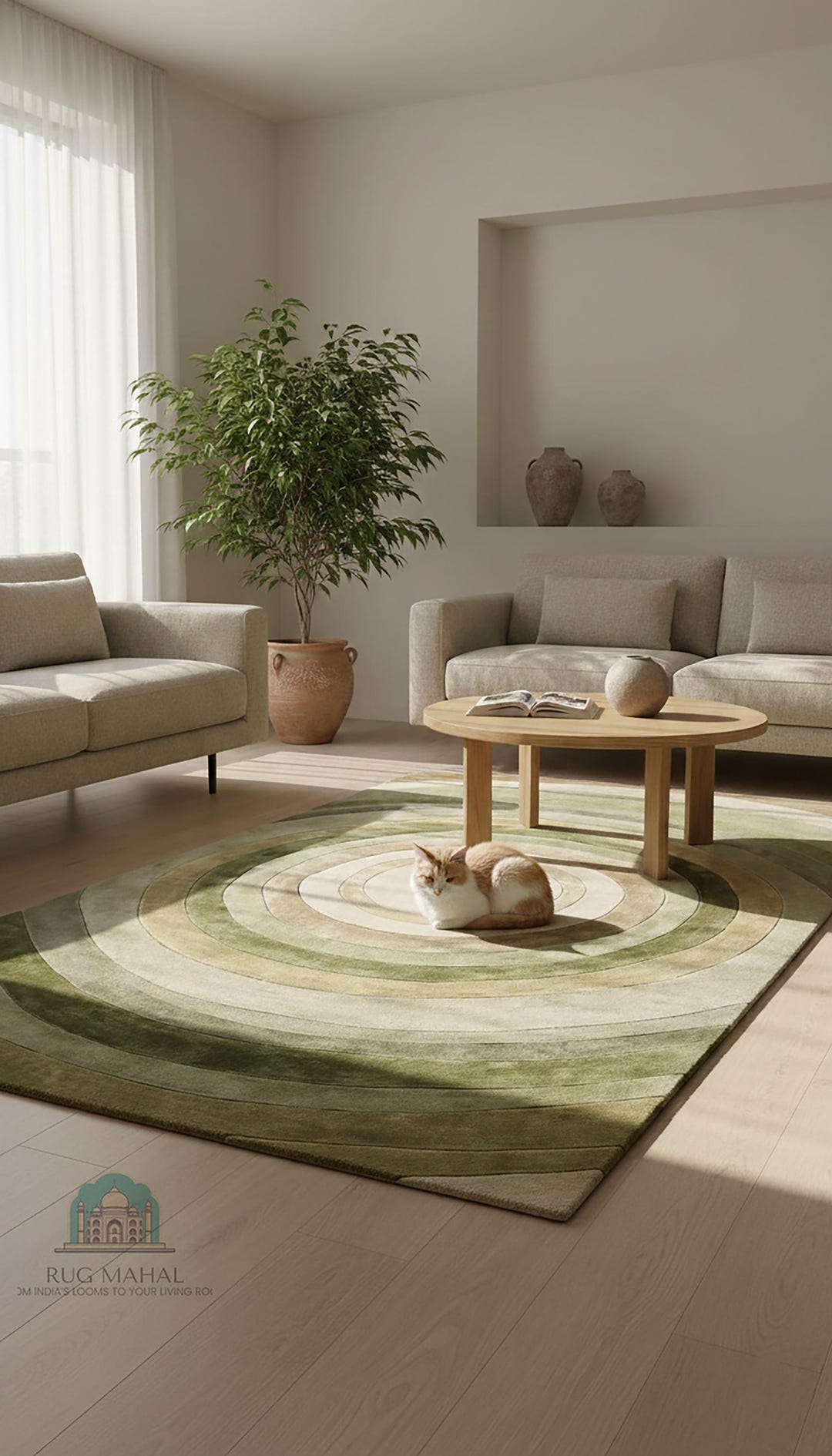 Olive Echo Concentric Wool Rug, Green Abstract Circle Area Rug, Modern ...