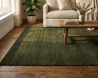 Olive Green Rug Handmade Minimalist Forest Green Area Rug, Solid Wool Rug, Japandi Rug, Modern Bedroom Rug, Custom Size Rug