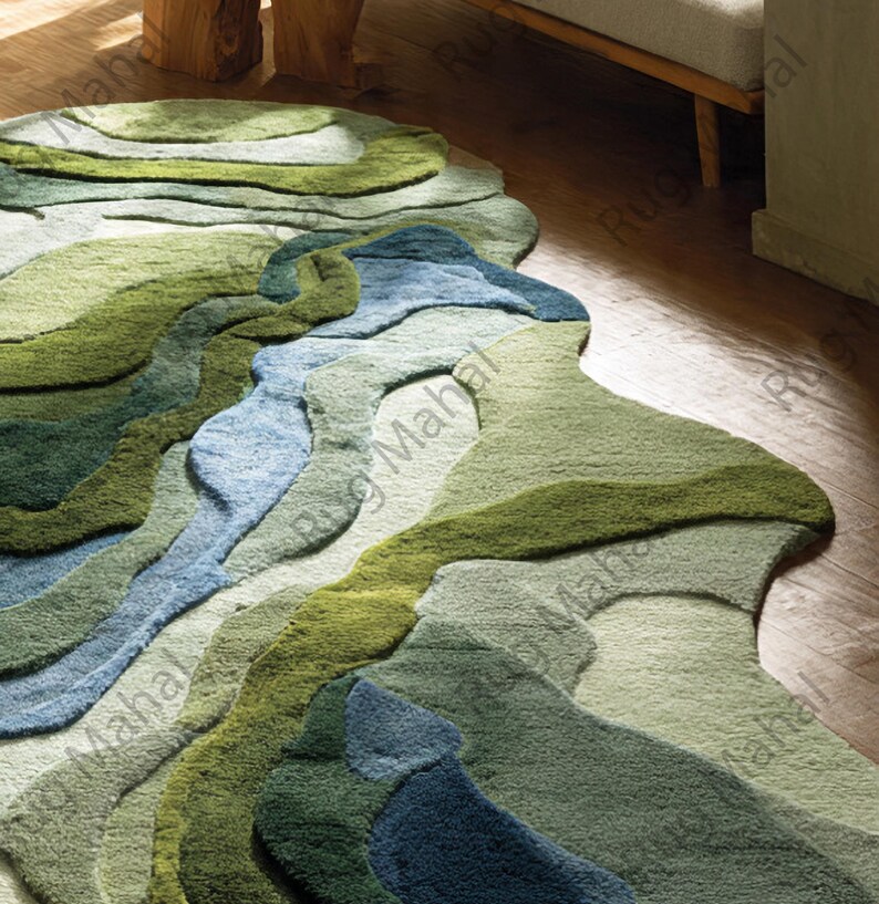 River Terrain Rug – Irregular Shape Wool Rug, 3D Carved Modern Rug, Nature Inspired Luxury Area Rug