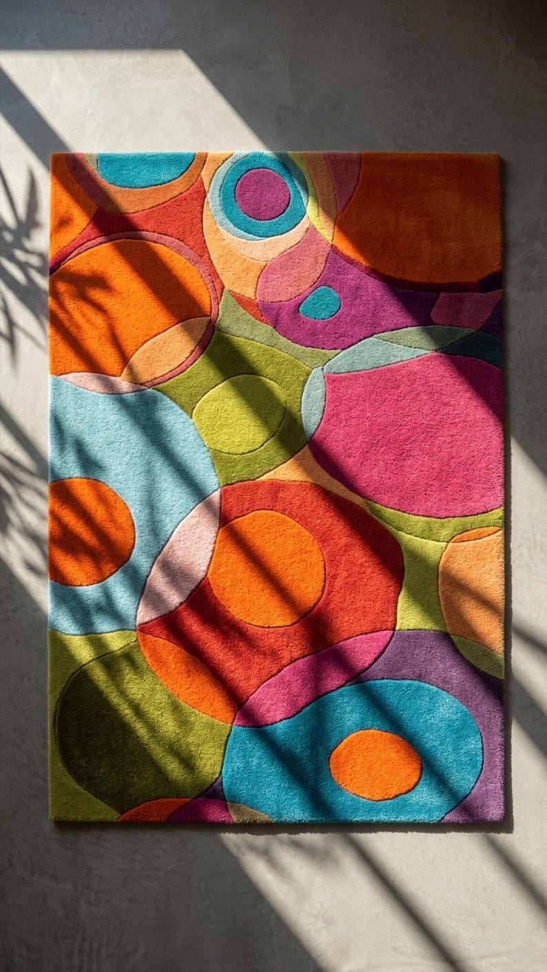 Natural sunlight casting shadows across colorful rug highlighting texture and depth.