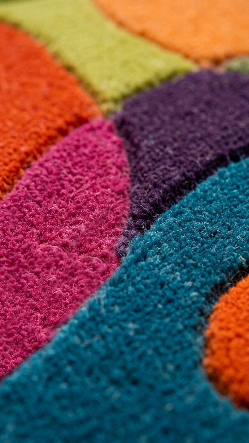 Extreme close-up of dense tufted fibers showing vibrant yarn colors and soft texture.