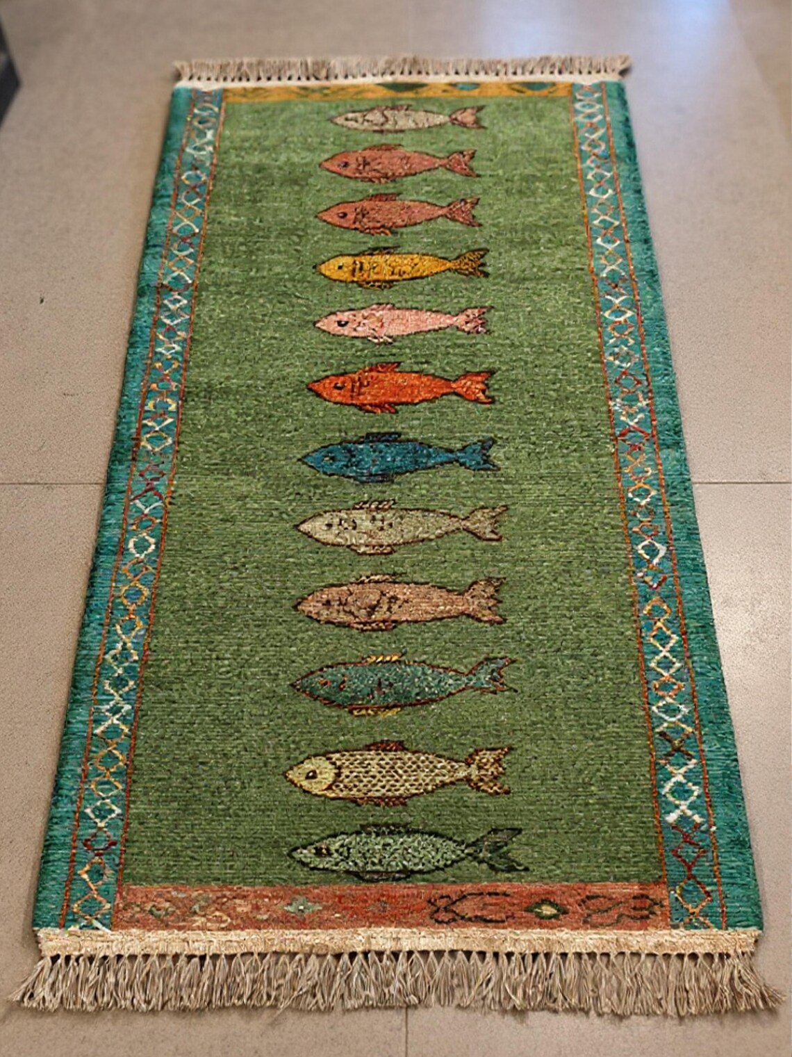 Koi Fish Runner Rug: Green Colorful Carpet Handmade Wool Area Rug - Etsy