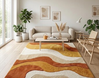 Mid Century Modern Abstract Wool Rug, Rust Terracotta Organic Wave Carpet