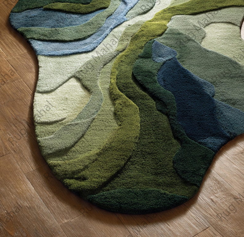 River Terrain Rug – Irregular Shape Wool Rug, 3D Carved Modern Rug, Nature Inspired Luxury Area Rug