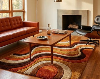 70s Retro Area Rug, Mid Century Modern Wave Rug, Mustard Rust Brown Abstract Carpet, Hand Tufted Wool Living Room Rug