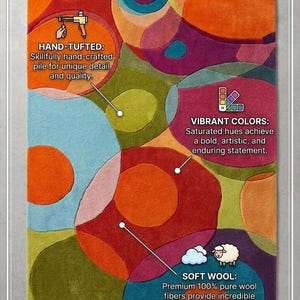 Infographic highlighting hand tufted construction, high pile texture, and bold abstract design.
