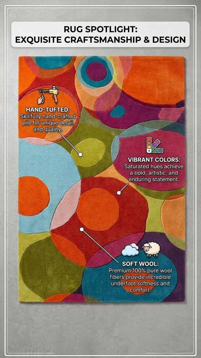 Infographic highlighting hand tufted construction, high pile texture, and bold abstract design.
