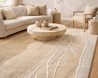 Tappeto moderno beige neutro, tappeto minimalista astratto strutturato, tappeto da soggiorno scandinavo Japandi, arredamento contemporaneo per la casa