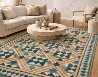 Tappeto geometrico blu, tappeto con motivo tribale verde acqua, tappeto da soggiorno boho sud-occidentale, arredamento etnico moderno per la casa, tappeto testurizzato annodato a mano
