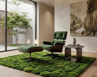 Moss Ball Wool Rug, Hand Tufted Abstract Green Forest Area Rug Nature-Inspired Modern Carpet