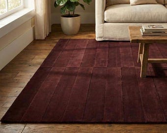 Burgundy Textured Rug 8x10, Modern Wine Red Area Rug, Hand Tufted Wool Rug, Minimal Luxury Rug, Tone on Tone Carpet, Custom Size Rug