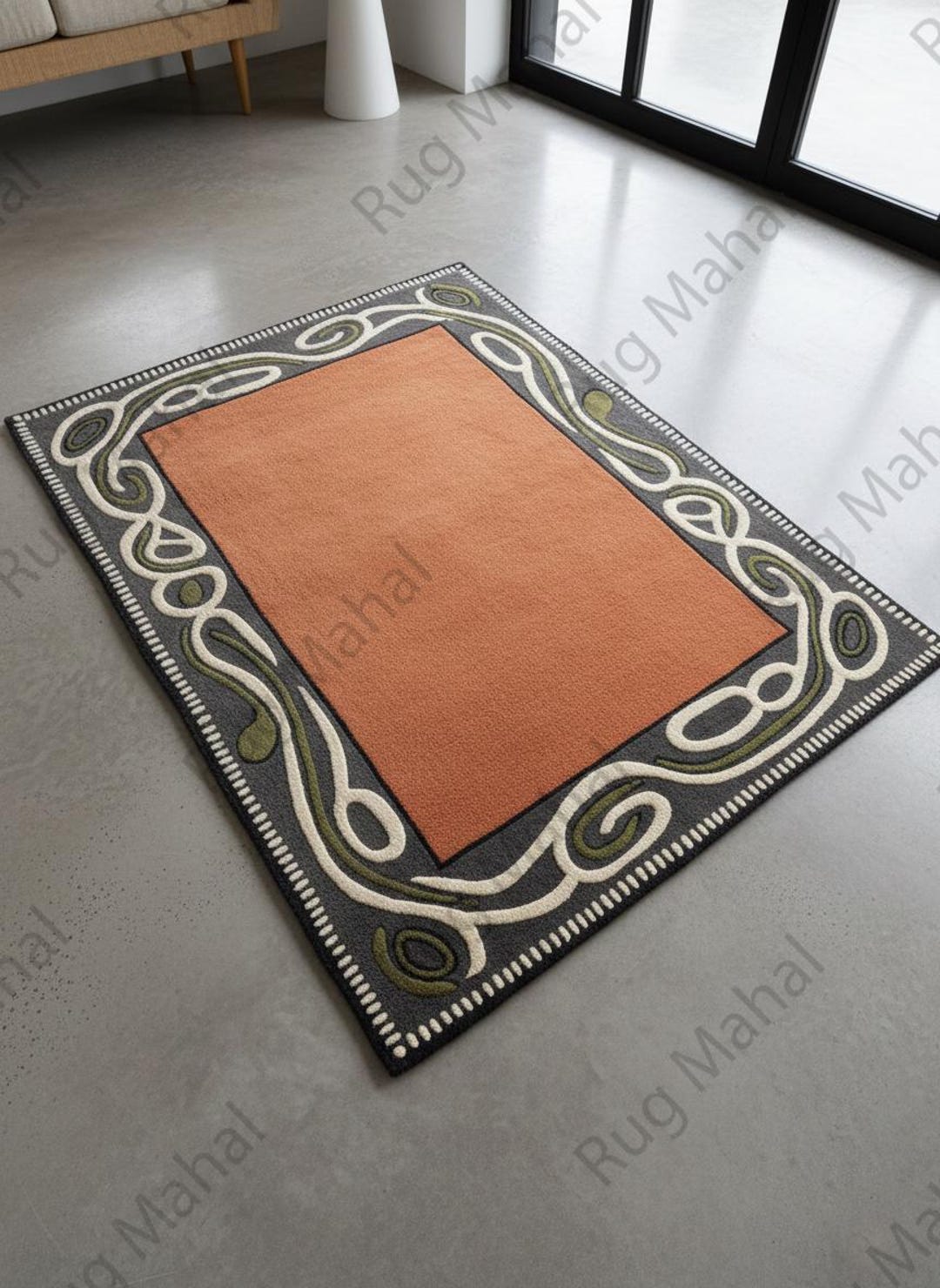 Deco Border Rug Modern Border Area Rug, Terracotta Accent Rug, Contemporary Decorative ...