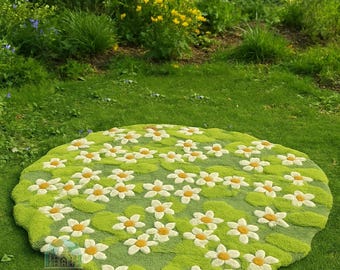 Hand Tufted Wool Flower Rug | Green Grass, Gardening Decor