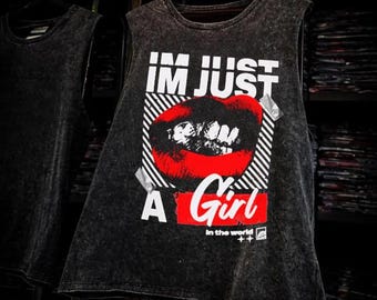 Im Just A Girl Crop Tank 90s No Doubt Inspired Graphic Top Red Lip Racerback Y2K Aesthetic Feminine Pop Grunge Style Womens Outfit Tee