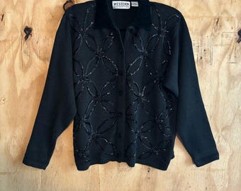 Vintage Western Connection Black Beaded Cardigan Cotton Button Up Sweater Sz M