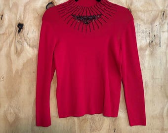 Dress Barn Red Pullover Black Beaded Holiday Sweater Sz M Petite