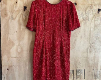 Vintage Stenay 80s Red Silk Beaded Sequined Formal Cocktail Dress Sz L