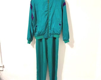 Vintage 80s Saxony Teal Silk Tracksuit Pants & Jacket Sz L