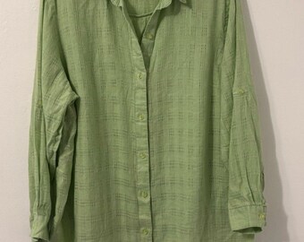 Vintage 90s Sag Harbor Vintage Lime Green 100% Linen Shirt Sz 1X