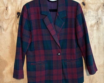 Vintage 70s Summit Hill Plaid Wool Blend Red Blue Blazer Sz 8 Petite