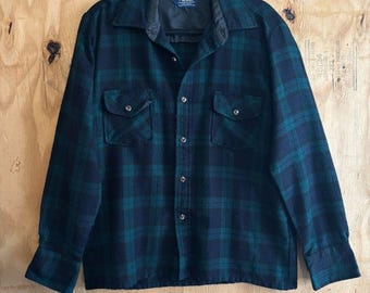 Vintage 70s Wool O The West Plaid Flannel Long Sleeve Shirt Sz M