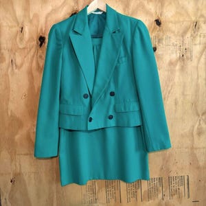Vintage 80s Kelly Green Pencil Skirt Single Breasted Blazer Suit Set Sz 7/8