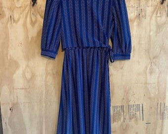 Vintage Periwinkle 80s Geometric Arrow Print Blue Puff Sleeve Dress Sz 10