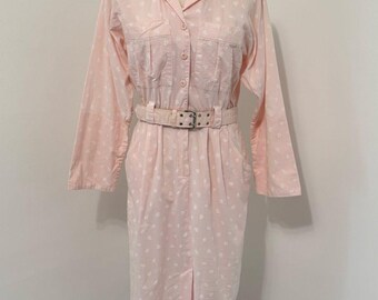 Vintage 80s Taurus ll Pink Leaf Print Belted 100% Cotton Dress Sz 10