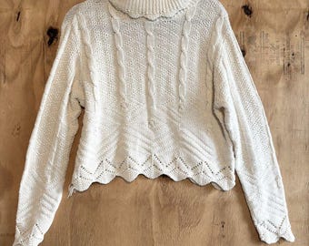 Vintage High Sierra Knit 100% Cotton White Turtleneck Sweater Sz M