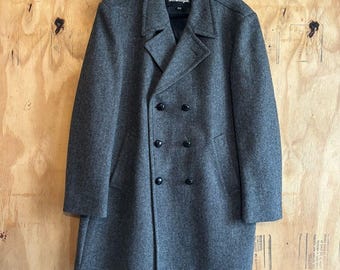 Vintage Stratojac Double Breasted Herringbone Grey Wool Blend Peacoat Jacket 44