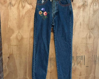 Vintage 90s DKNY High Waist Embroidered Hippie 100% Cotton Jeans Sz 2
