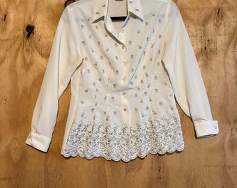 Vintage Ship N Shore Embroidered Floral Off White Button Up Blouse Sz 4 Fairy