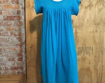 Vintage AC Gauze 70s Turquoise Boho Dress Crochet Bib Flowy 100% Cotton