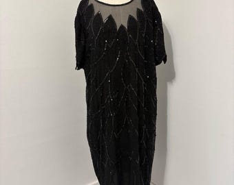 Vintage Jewel Queen 100% Silk Sequin Beaded Cocktail Dress Sz 24