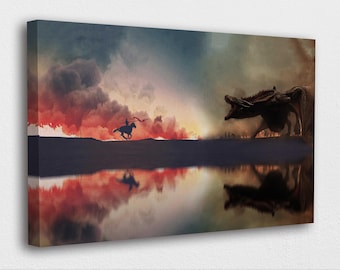 Canvaskunst samurai vs draak – Muurdecoratie Japanse krijger