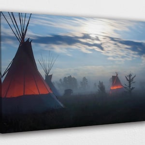 American Indian Art Canvas-Native Indians in Foggy TeePee Hut Art CanvasPrinted Picture Wall Art Decoration POSTER or CANVAS READY to Hang