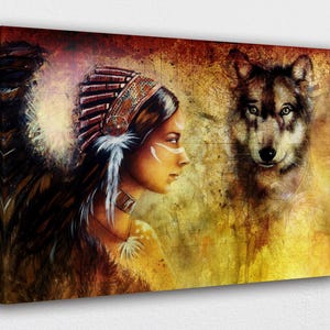 American Indian Art Canvas-Woman w/ Painted Face & Wolf Art Canvas Poster/Printed Picture Wall Art Decoration POSTER or CANVAS READY to Hang