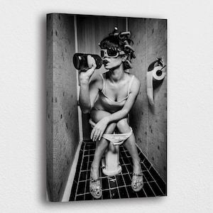 Girl On The Toilet Drinking – Toilet Prints, Photograph, Printable Wall Art, Poster Print, Fun And Quirky Bathroom Decor
