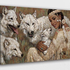 American Indian Art Canvas-Native Lady w/ her Wolves Art Poster Canvas/Printed Picture Wall Art Decoration POSTER or CANVAS READY to Hang