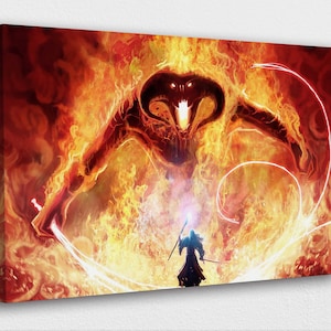 May include: A canvas print depicting a fiery scene with a large, horned creature engulfed in flames. A silhouetted figure with a sword stands below, facing the creature. The artwork is dominated by shades of red, orange, and yellow.